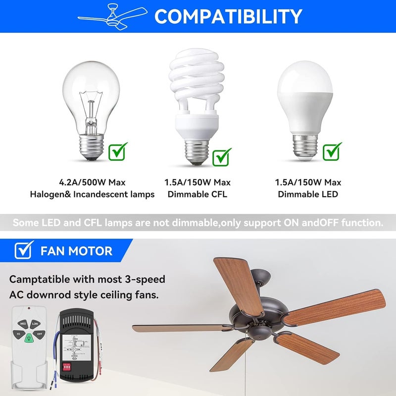 FEKOTS Universal Ceiling Fan Remote Control Kit Replacement for Harbor Breeze Hampton Bay Hunter Litex, 3-Speed Light Dimmer, with FAN28R Receiver, Replace FAN-53T 2AAZPFAN53T KUJCE9103 UC7030T - Image 3